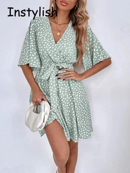 Casual Dot Print Mini Dress with Belt Elegant Chic Half Sleeve V Neck A Line Sundress Vintage Harajuku Short Dress Beach Party 260316BJ