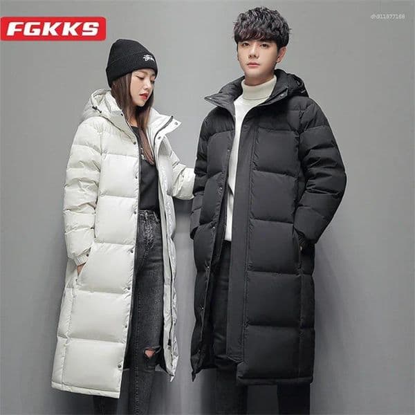 Men's Down FGKKS 2026 Couple Winter Jacket Fashion Classic Slim Korean Style White Duck Long Coat Women Hooded Outwear