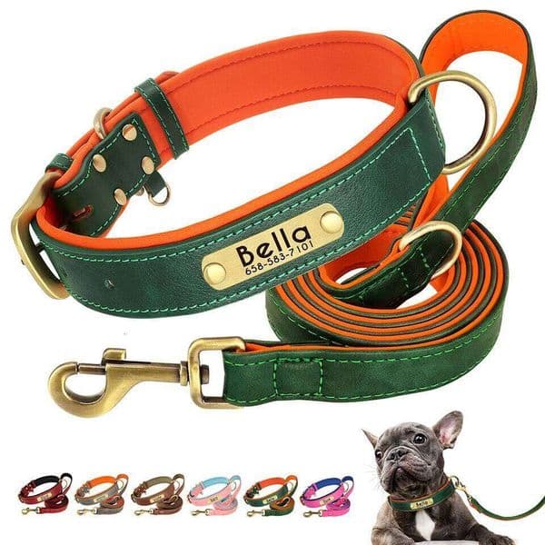 Personalized Dog Collar Leash PU Leather Collars Rope Engraved Pet ID Name Necklace for Small Large Dogs Soft Padded 26H0324