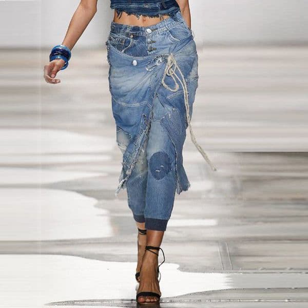 Cross-Border High-Waisted Unique Women's Casual Versatile Jeans with Ripped Straps Trendy Skinny Ribbed