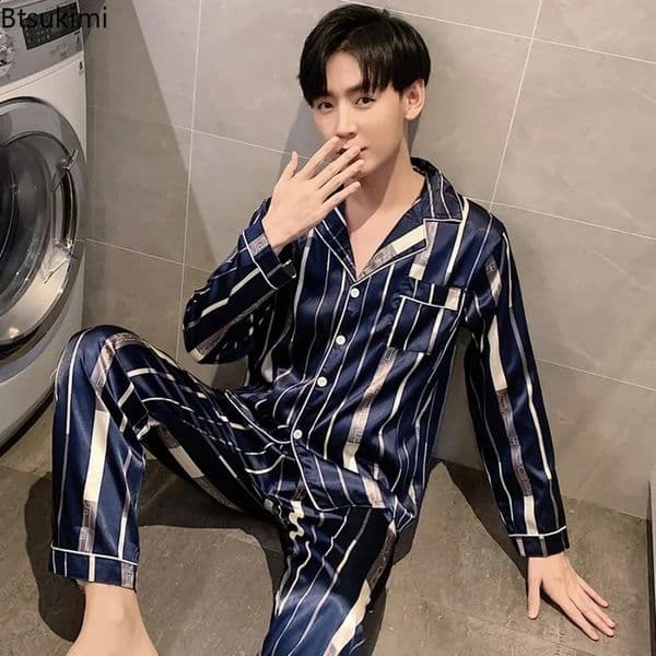 Loungewear Mens Fashion Long SleevePants Satin Soft Pajama Sets Comfort Jacquard Ice Silk Home Wear Sleepwear Suit for Men 260323