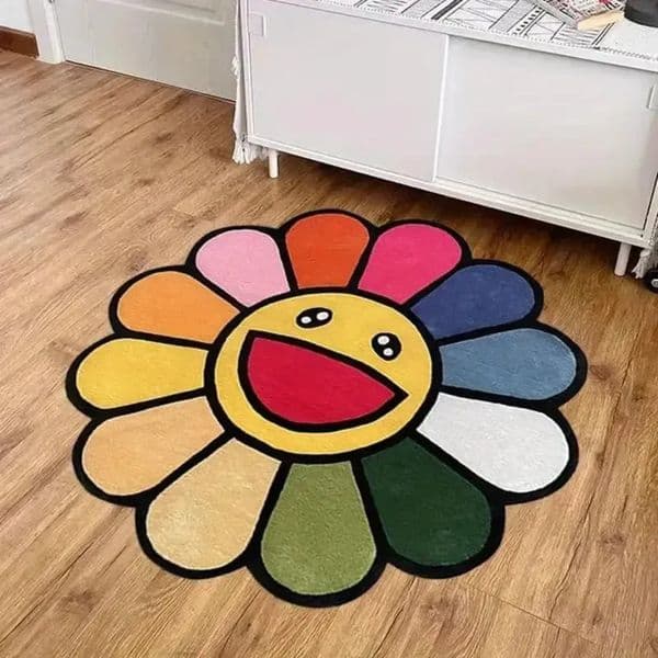 Designer Floor Mat Smiling Face Plush Flower Art For Bedroom cool carpet Living Room Retro Rainbow Fluffy Bathroom Smile Rug Nonslip Mat Home Decor Free Shippin