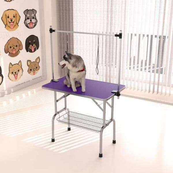 36" Folding Dog Pet Stainless Steel Frame Rubber Mat on Board with Adjustable Arm and Clamps pet dog Cat Grooming Table PURPLE COLOR 2004