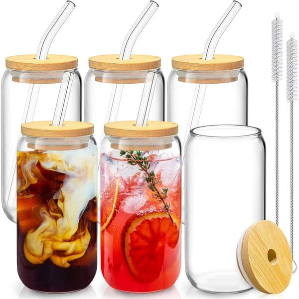 Set of 246 Glass Can Shaped Cups 500ml with SpillProof Lids And Straws Straw Cleaning Brushes For Birthday Summer Festival 260324