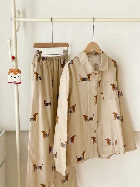 Spring Autumn 100 Cotton Womens Pajamas Cute Dachshund Print Two Pieces Set Long Sleeve Tops Full Length Pants Sleepwear 49910T260320