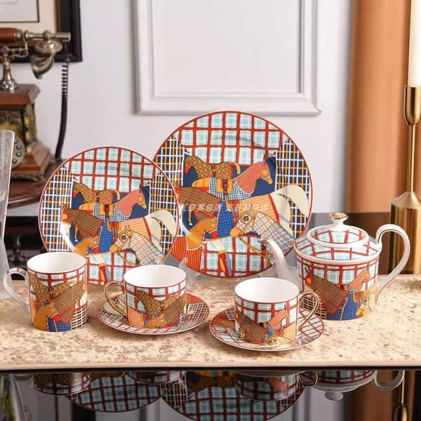 Designer War Horse Flat Plate Cup Saucer Teapot Mug Western Plate Bone China European Light Luxury Afternoon Tea