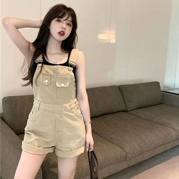 Khaki Jeans Women's Workwear Fashion High Waist Designer Pants Casual Rolled Hem Overalls Loose Age-reducing Strap Jumpsuit Shorts