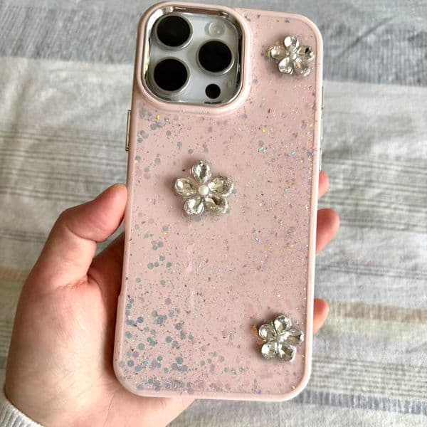 Glitter Flower Phone Case For Iphone 17 16 15 14 13 Pro 12 11 Max Plus 16Pro Glitter 17Promax Phone Case 16Promax Handmade 17Pro Cover 12Pro Hard 15Promax 14Promax Shell