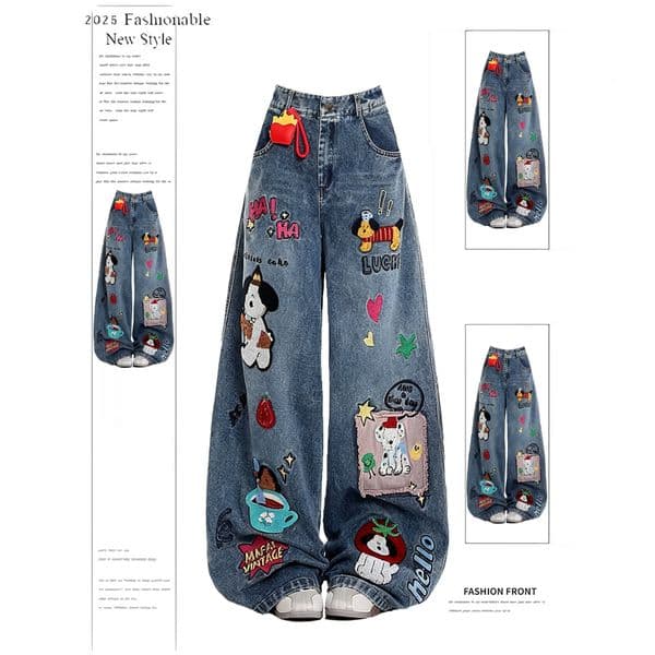American-style Cartoon Embroidered Women's Jeans Designer Pants 2026 Winter New Model Loose-fitting Slimming Wide-leg Straight Pants
