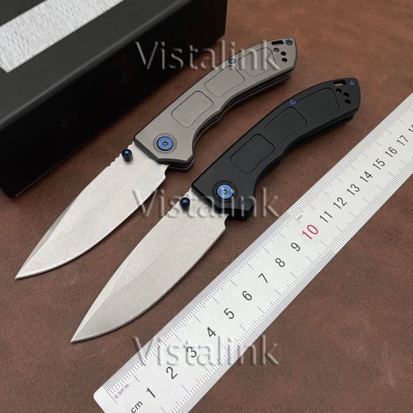Tactical BM 748 Narrows Folding Knife 3.43" M390 Satin Blue Accents Outdoor EDC Tool Drop Point Blade Gray Titanium Handles