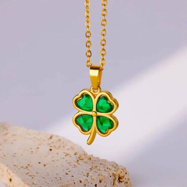 Green Clover Zircon Necklaces For Women Stainless Steel Gold Color Four Leaf Pendant Necklace Weeding Jewelry Gift