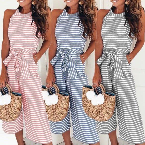 Elegant Sexy Jumpsuits Women Sleeveless Striped Jumpsuit Trousers Wide Leg Pants Rompers Loose Style Belted Leotard Overalls 260324