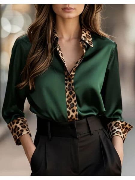 ElegantLongSleeveButtonDownShirtwithLeopardPrintCollarCuffsPlacketLooseFitBlouseTops 260323
