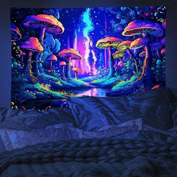 Mysterious Mushroom Forest Plants Fluorescent Halloween Polyster UV BlackLight Tapestry, Wall Hanging For Living Room 26Y0324