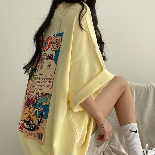 Five-Sleeve Pattern Japanese T-Shirt for Women 100% Cotton Cartoon Short Sleeve Korean Oversize Summer Loose Niche