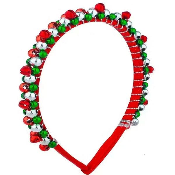 Festive Christmas Headband with Red Green Beads Golden Accents Bell Charms - Hand-Wrapped Polyester Party Accessor 260324