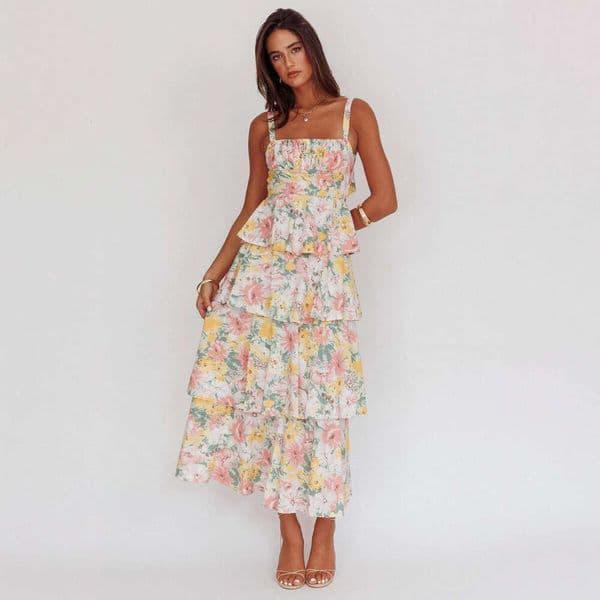 New Spring/Summer Bowknot Floral Dress For Vacation And Party, Elegant Printed Gown Gowns