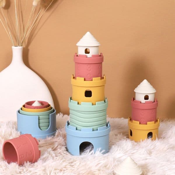 Silicone Castle Stacking Toy Baby Early Educational Color Number Learning Building Blocks