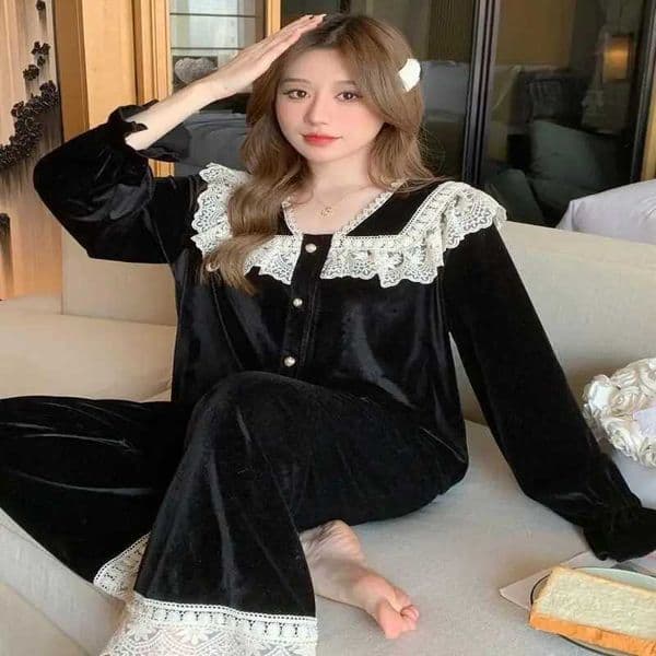 Pajama Set Gold Velvet Lace Suit Light Luxury Pajamas for Women in Spring and Autumn Winter Black Court Style Heat HomeT260320