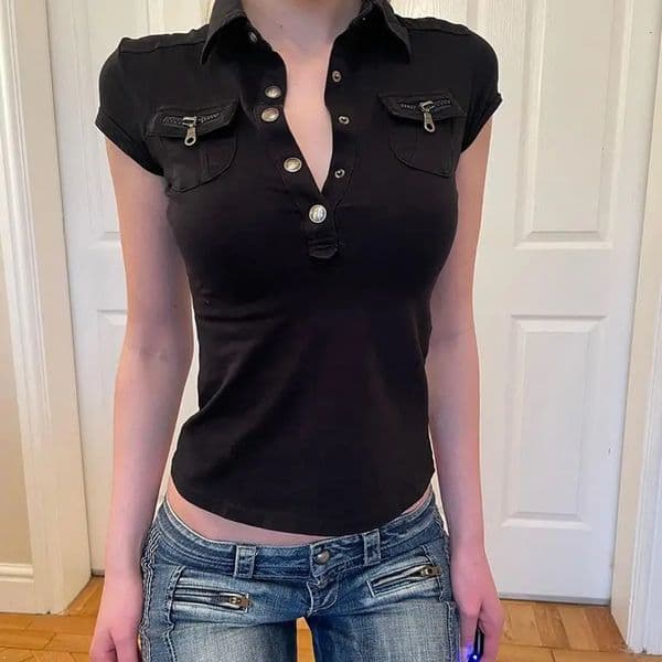 American work style Harajuku lapel jacket POLO shirt women ins summer shortsleeved slim street fashion top 260324