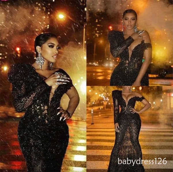 Mermaid Sparkly Black Prom Dresses 2026 Arabic African Lace Sequined Single Long Sleeve Women Plus Size Formal Evening Gowns BC21773 ZD19