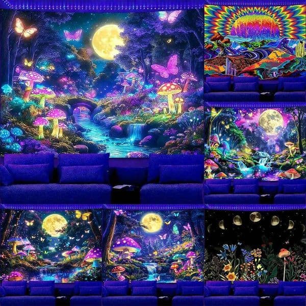 Glowing Tapestry with Moon and Mushrooms UV reaction tapestry background wall hanging bedroom party decoration 26Y0324