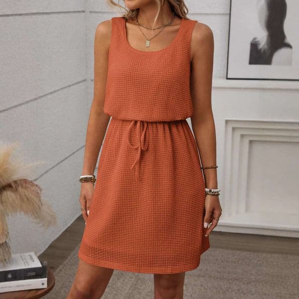 European and American cross-border Amazon independent site summer new product: square-neck drawstring sleeveless tank dress with lining