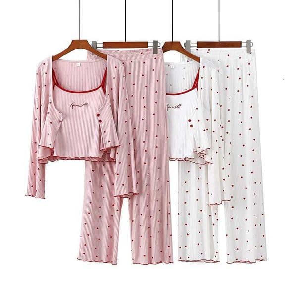 3 Pcs Sleepwear Love Printe Chest Pad Vest Suspenders Cardigan Trousers Comfortable Home Clothes Spring Summer Women Pajamas SetT260320