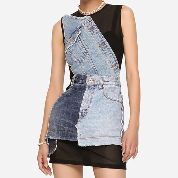 Street Style Sleeveless Denim Dress For Women 2026 Spring New Mesh Patchwork Designer Dress Short Dress Women's Fashion Clothing