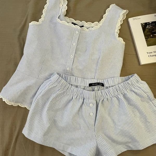 Striped Women Pajamas Summer Sleepwear Sleeveless Shorts Sets 2 Pieces Lace Night Wears Tank Korean Sleeping Home Suit 260323