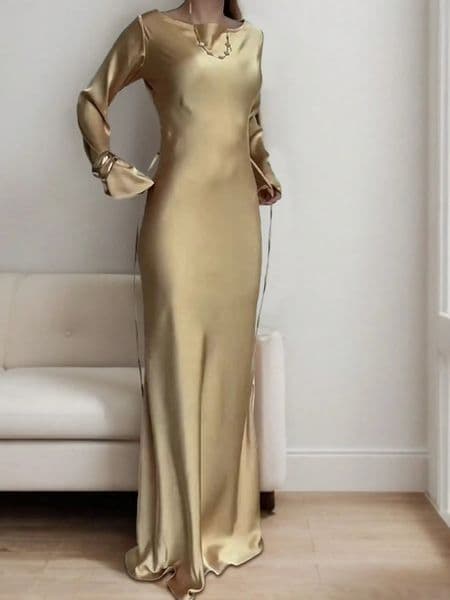 Womens Bespoke Satin Maxi Dress with Corset Waist Tie Classic Round Neck Dramatic Flared Sleeves y Evening 260324