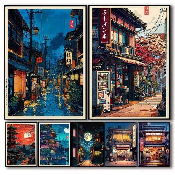 Anime Ramen Shop Food Illustration Canvas Print Tokyo City Street View Wall Poster for Modern Living Room Kitchen Home Decor 26H0324
