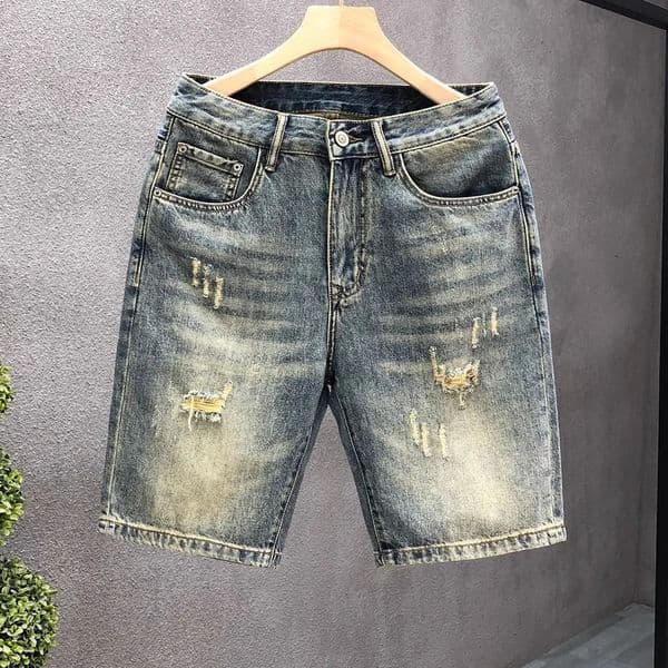 Summer American Casual Vintage Ripped Denim Shorts Men Loose High Street FivePoint Trendy Pants Comfortable Breathable 260313