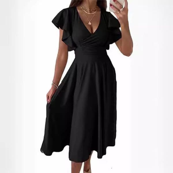 Fashionable European And American Designer Dress Women's Clothing Solid Color Ruffle Dress New Spring And Summer Low V-neck Waist-cinching Slimming Sexy Dress