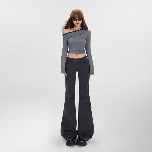 Smoke gray low-waist flared jeans for women, autumn high-end stylish tight-fitting workwear bell-bottom pants