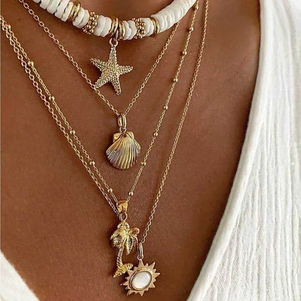 Fashion New Bohemia Soft Clay Shell Star Sun Pendant Chain Layered Necklace for Women Girls Summer Beach Simple Layered Necklace W260324