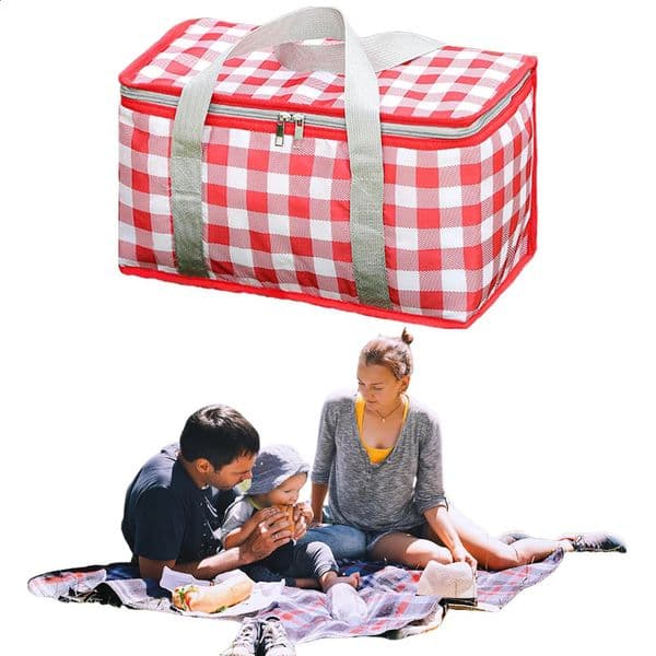 Checkered Picnic Bag Large Capacity Portable Ice Pack Bag Cold Protection Insulated Lunch Bag Waterproof for Camping Picnic 260320