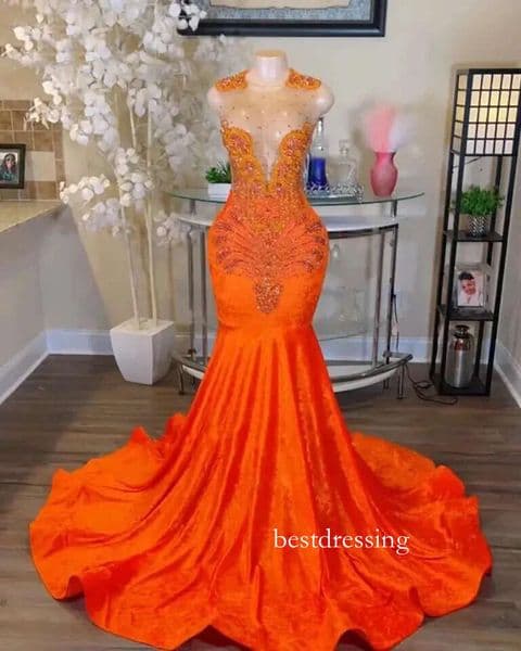 Orange Rhie Long Prom Dresses Mermaid 2025 For Black Girls Beaded African Women Formal Evening Party Gown Graduation Dress B0324