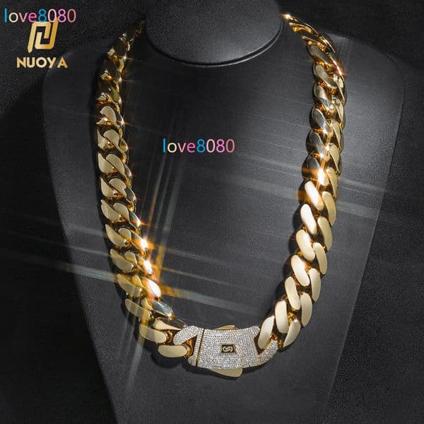 Moissanite pendant necklace 14K Gold Plated Thick Solid Cuban Link Chain Hip Hop Jewelry Iced Diamond Clasp Flat Miami Cuban Link Necklace for Men