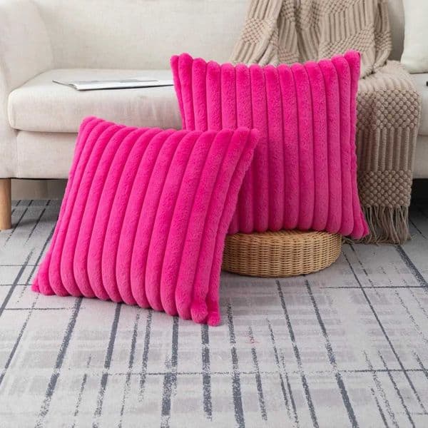 Set of 2 Hot Pink Faux Fur Decorative Throw Pillow Covers Fluffy Striped 18x18 Inch for Sofa Bedroom H260325
