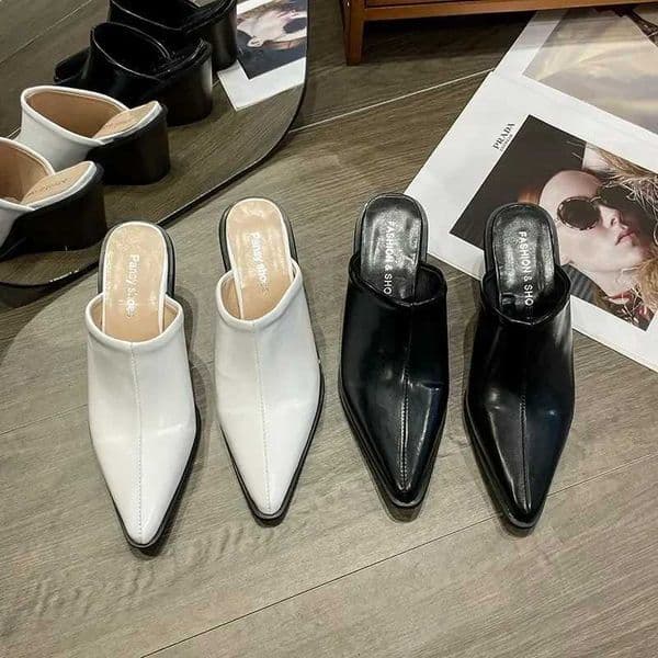 2024 Spring Summer New Slippers Sexy Pointed Toe Slip on Shoes Mules Female Fashion Thick Heel Outdoor Dress Sandals Z260325