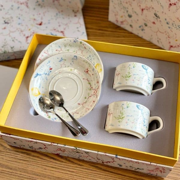 Printed Design Espresso Cup Pair with Coordinating Saucers and Utensils Ideal Gifting Ensemble