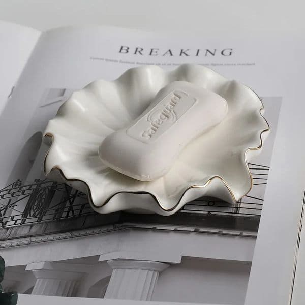 1pc Elegant White Ceramic Soap Dish with Golden RimShellInspired n Round for Lotus Leaf Shape Holder 260325