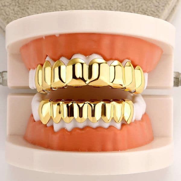 Large Glossy Real Plated Thickened Eight-Tooth Gold Teeth Mirror Hip Hop Hot-Selling High-Quality Braces Wholesale