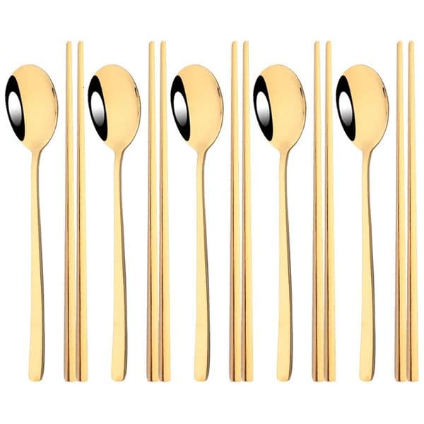 304 Stainless Steel Cutlery Set Sushi Sticks Dinner Spoons 10Pcs Dinnerware Korean Chopsticks Dessert Spoon Flatware 260325