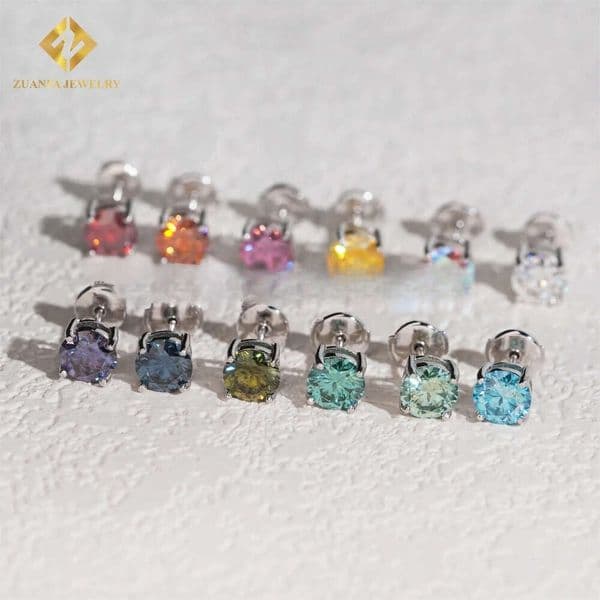New Stock 12 Color Moissanite Diamond Stud Earring Iced Out 1ct Round Brilliant Cut 925 Silver Hip Hop Earrings