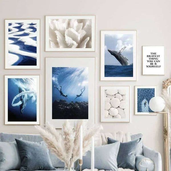 Minimalist Nordic Blue Sea Whale Diver Canvas Wall Art White Stone Living Home Room Decor Modern Posters Prints 26Y0325
