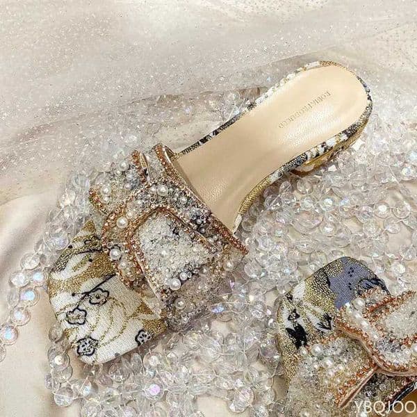2023 New Chunky Heel Fashion Flat Ladies Rhinestone Slippers Womens Shoes Comfort Summer Peep Toe Shoes Z260325