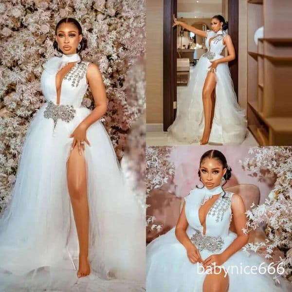 Crystals Beading Wedding Dress High Neck Arabic Sleeveless Tulle A Line Boho Bridal Gowns Sexy Side Sllit African Girls Vestido De Novia Plus Size
