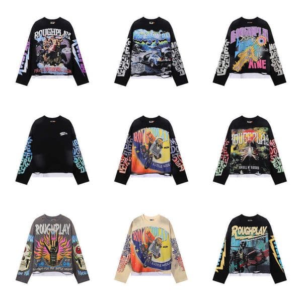 Rough Play Graphic Tee Men Long Sleeve T Shirt Designer Clothes Men Woman Quality Vintage Washed Streetwear Roughplay Top Tees Thermal Men Cotton 7A1